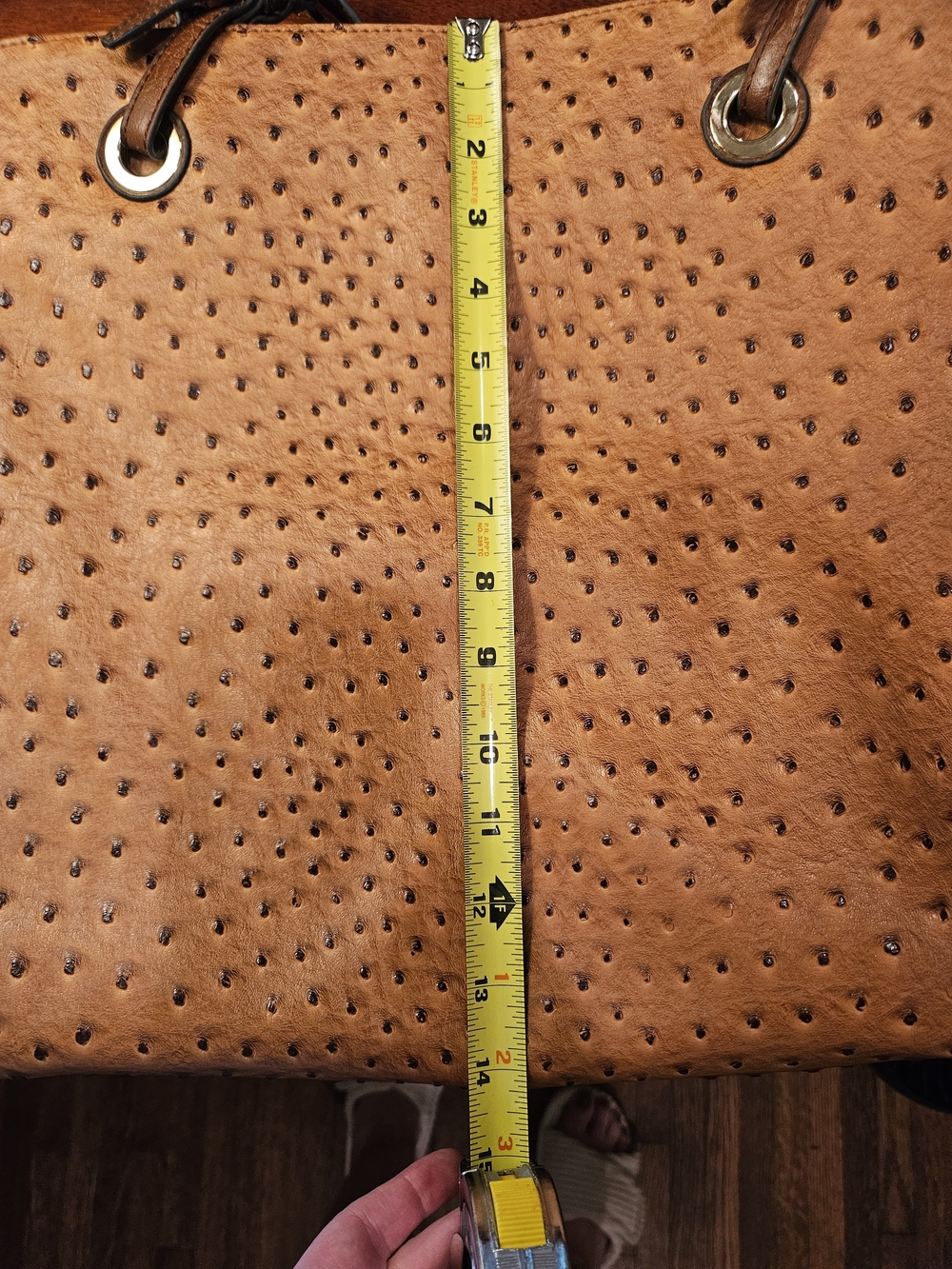 Tan Perforated Ostrich-Embossed Large Tote Bag - Picture 6 of 7